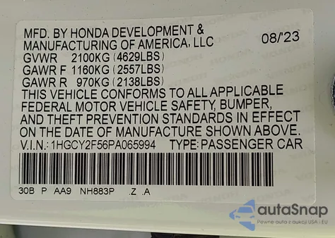 2023 Honda Accord Hybrid Sport from USA, damaged, VIN 1HGCY2F56PA065994